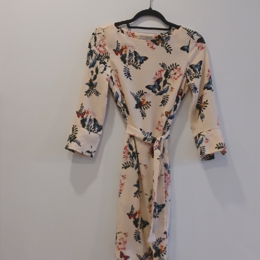 H&M Cream Midi Dress with Blue Butterfly & Green Leaf Print
